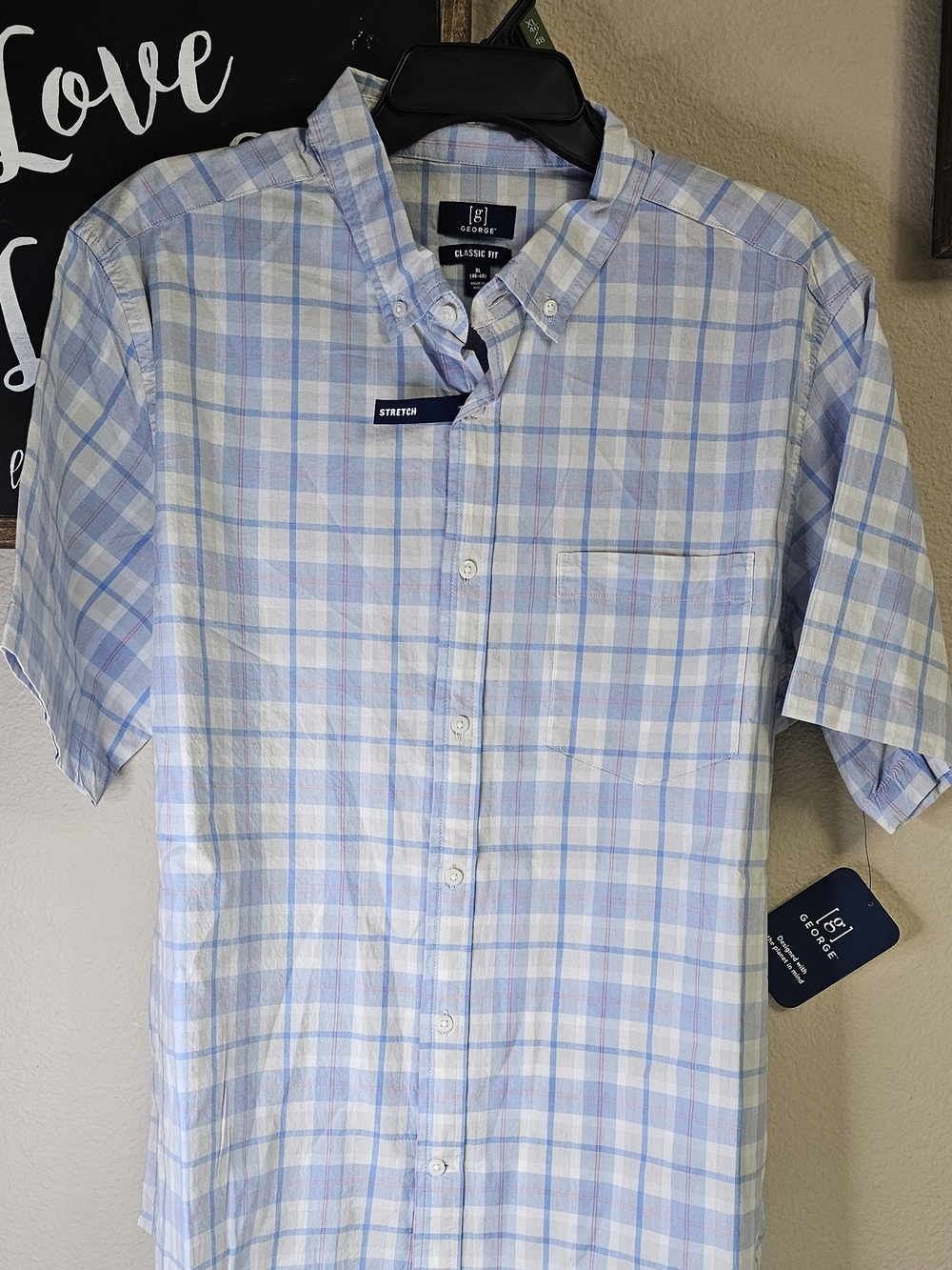 George Classic Fit Short Sleeve Plaid Shirt - Light Blue/White